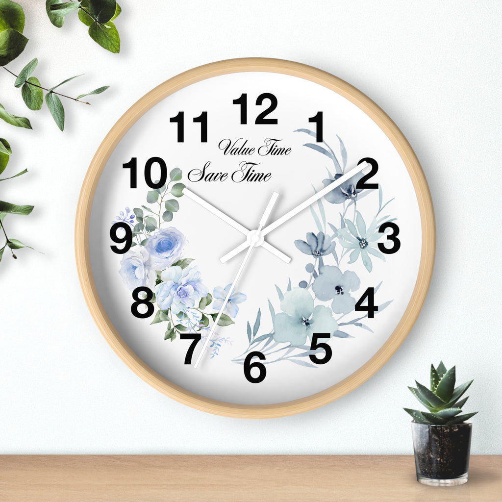 Floral Wall Clock | Value Time Save Time | Elegant Blue Rose Home Decor 2607048