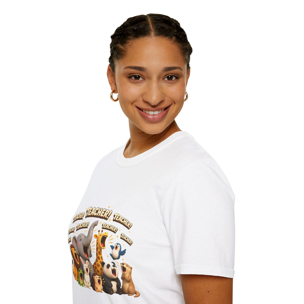 Cute Jungle Animals Saying TEACHER! T-Shirt | Elephant Giraffe Lion Penguin Design