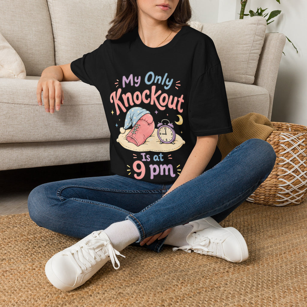 T-Shirt — "My Only Knockout Is at 9 PM" Cute Sleepy Boxing Cartoon Tee
