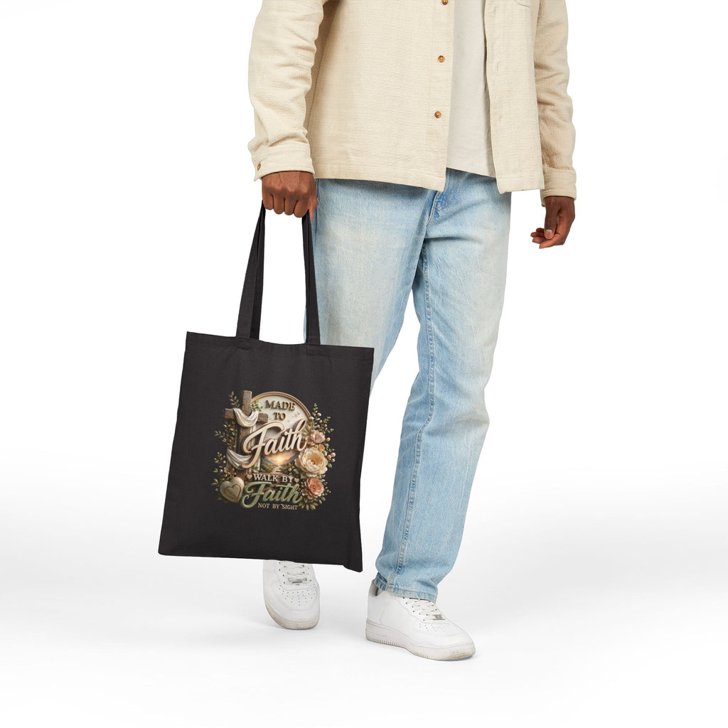 Faith Journey Canvas Tote Bag — "Made to Faith, Walk by Faith" Christian Floral Grocery Bag