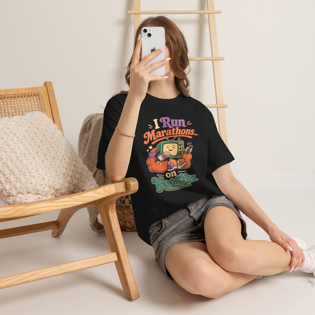 TV Marathon Tee — "I Run Marathons on Netflix" Funny Binge-Watching Shirt