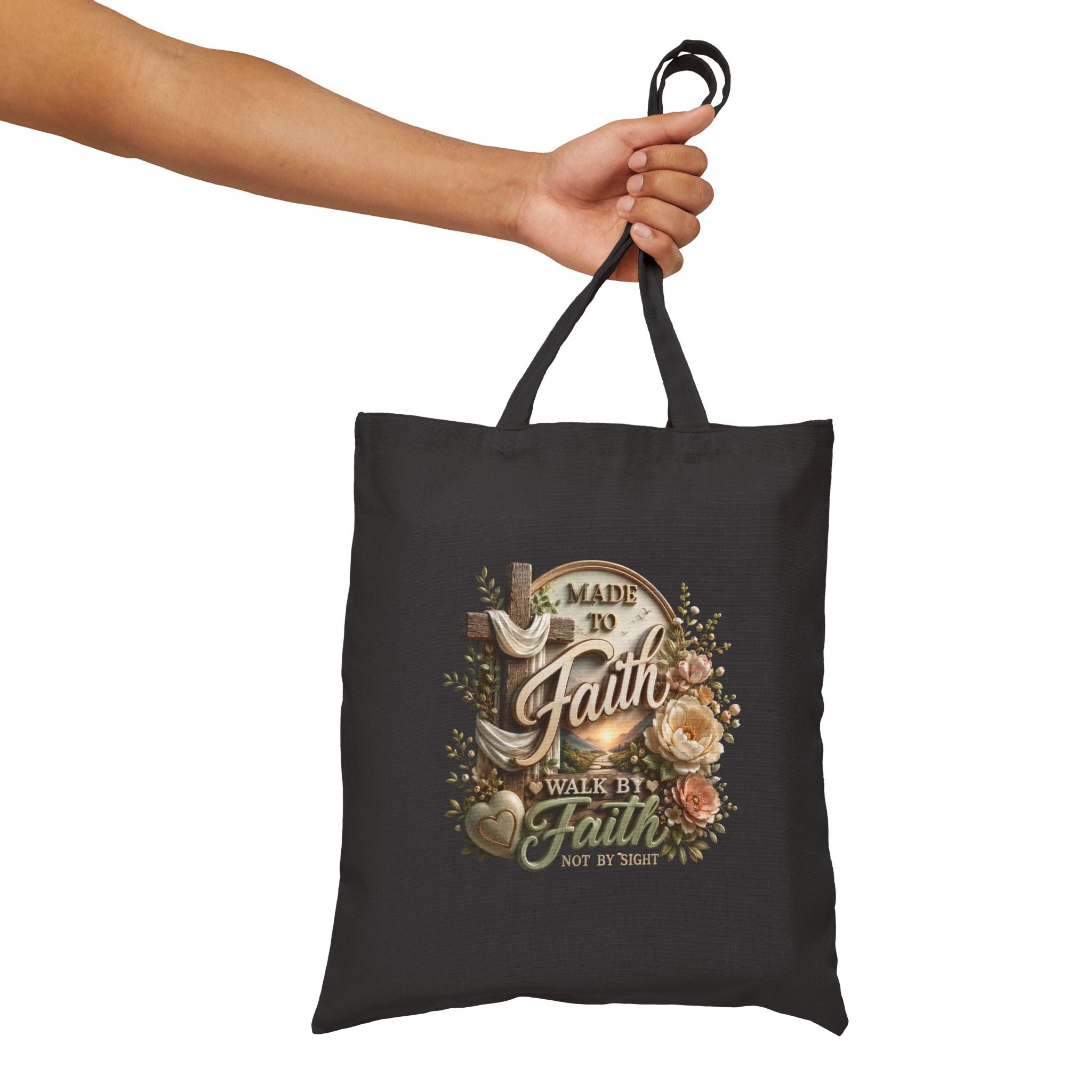 Faith Journey Canvas Tote Bag — "Made to Faith, Walk by Faith" Christian Floral Grocery Bag