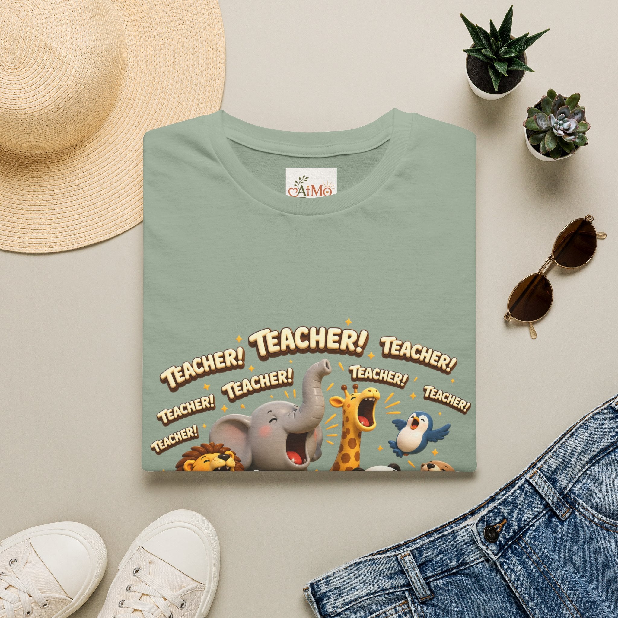 Cute Jungle Animals Saying TEACHER! T-Shirt | Elephant Giraffe Lion Penguin Design
