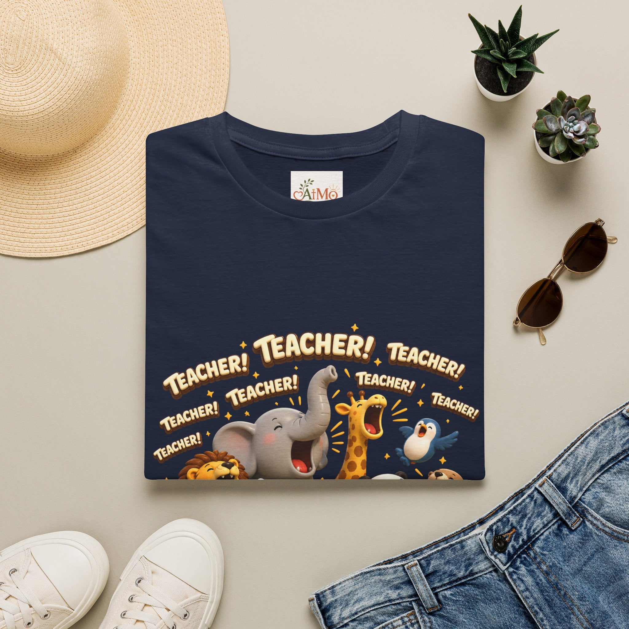Cute Jungle Animals Saying TEACHER! T-Shirt | Elephant Giraffe Lion Penguin Design