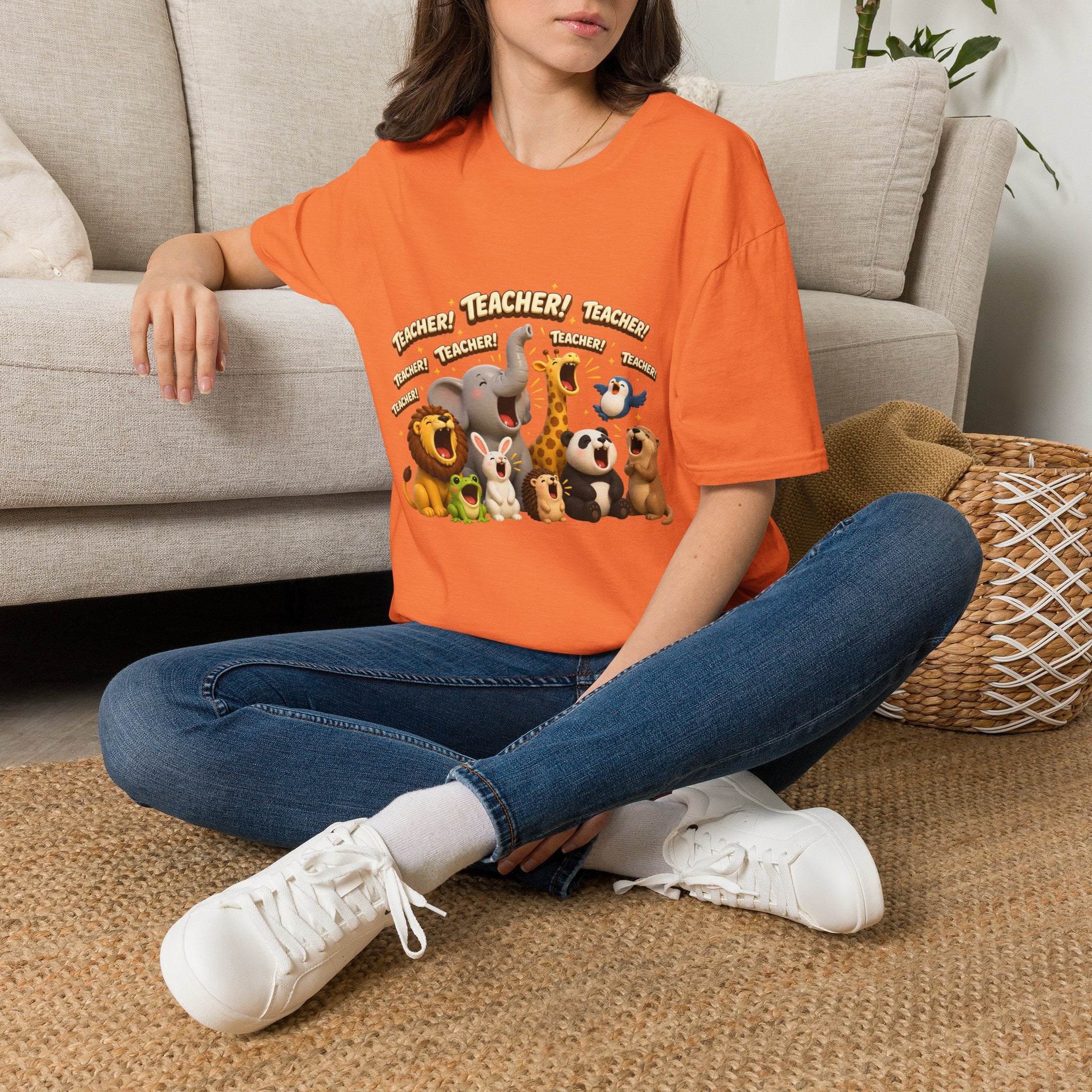 Cute Jungle Animals Saying TEACHER! T-Shirt | Elephant Giraffe Lion Penguin Design