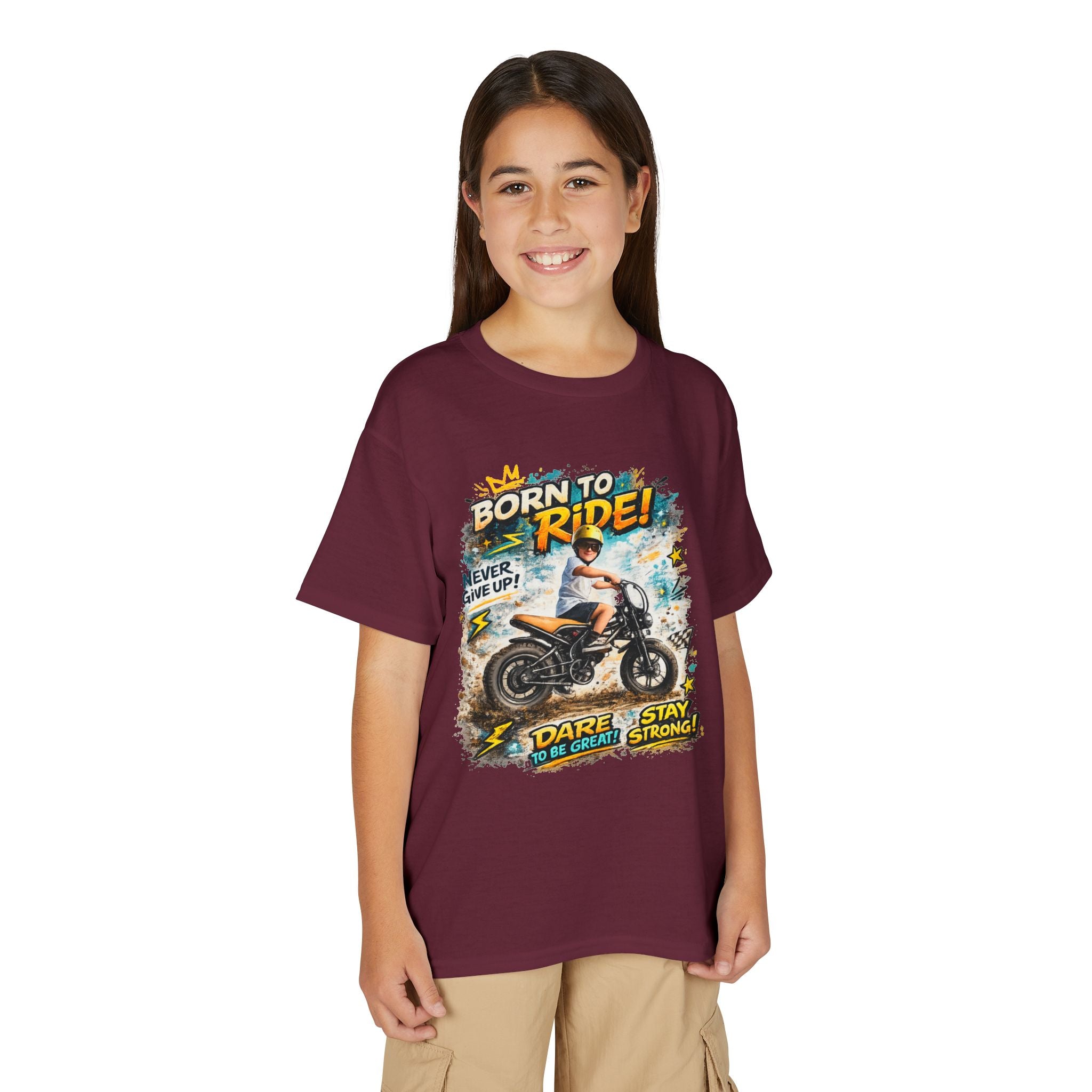 Youth Motorcycle T-Shirt — Born to Ride Graphic Tee for Boys & Girls (Dare to Be Great) 2607042