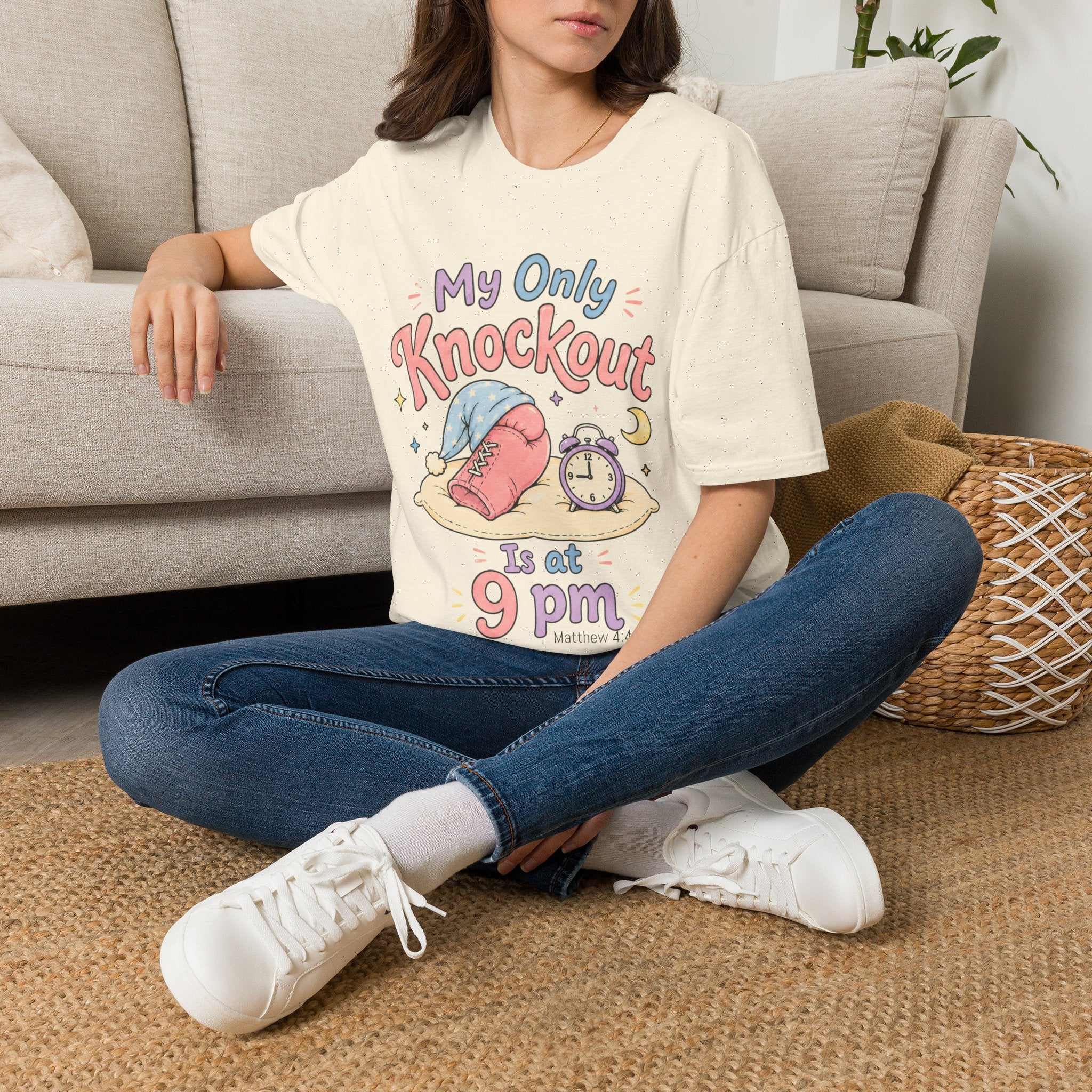 T-Shirt — "My Only Knockout Is at 9 PM" Cute Sleepy Boxing Cartoon Tee 2607021