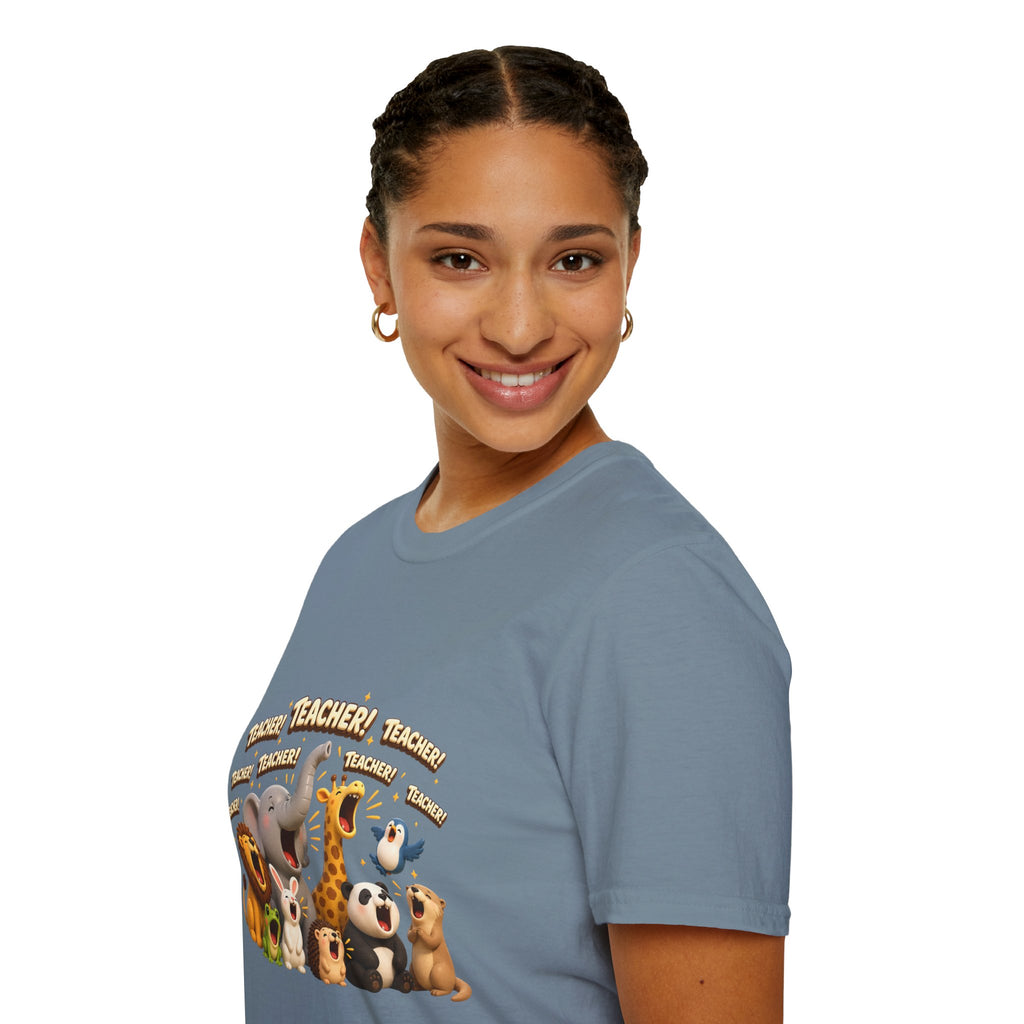 Cute Jungle Animals Saying TEACHER! T-Shirt | Elephant Giraffe Lion Penguin Design