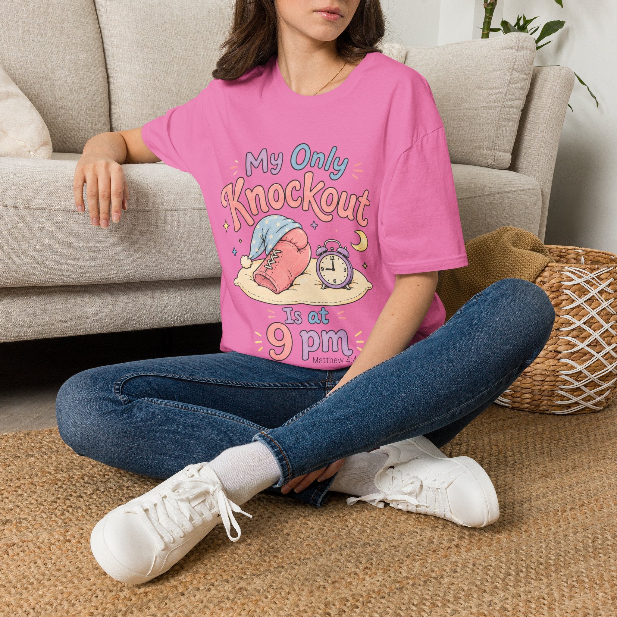 T-Shirt — "My Only Knockout Is at 9 PM" Cute Sleepy Boxing Cartoon Tee 2607021