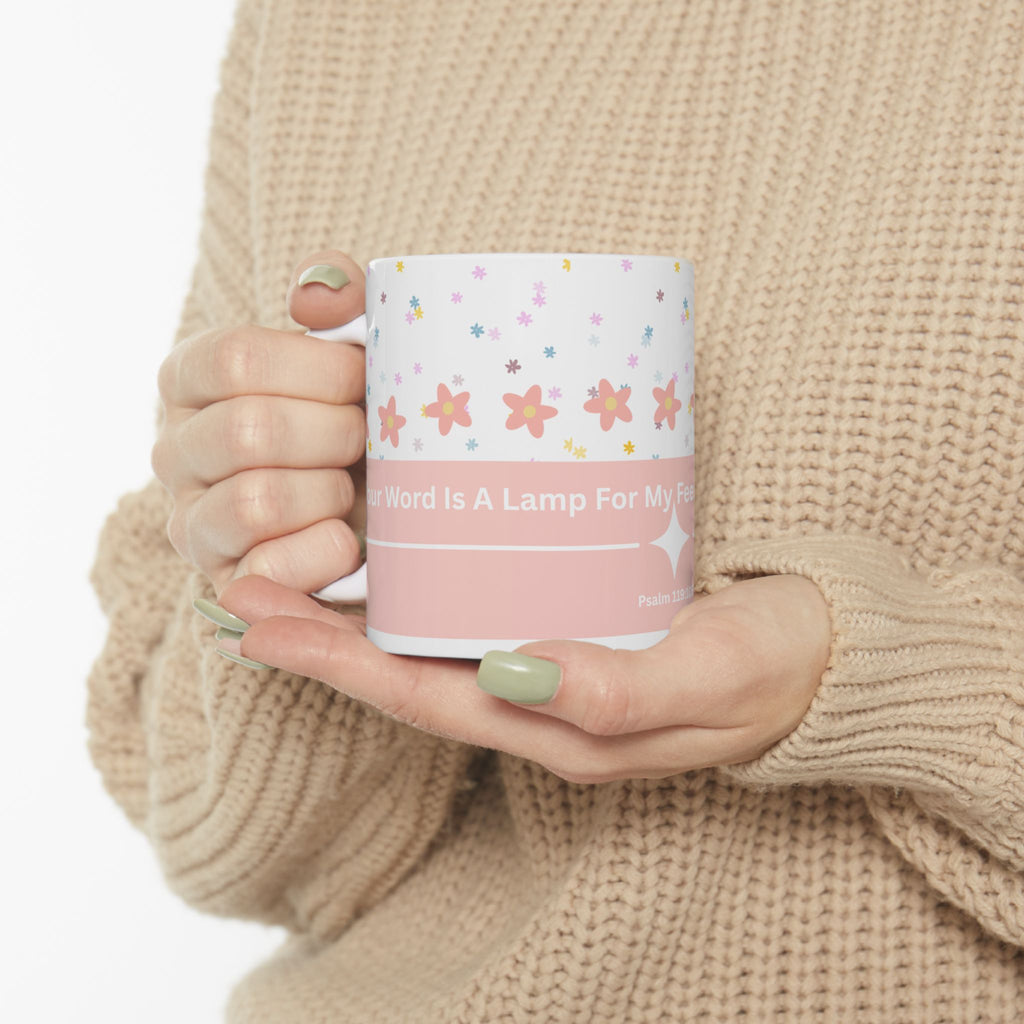 Inspirational Floral Psalm Mug - “Your Word Is A Lamp For My Feet” Ceramic Coffee Cup