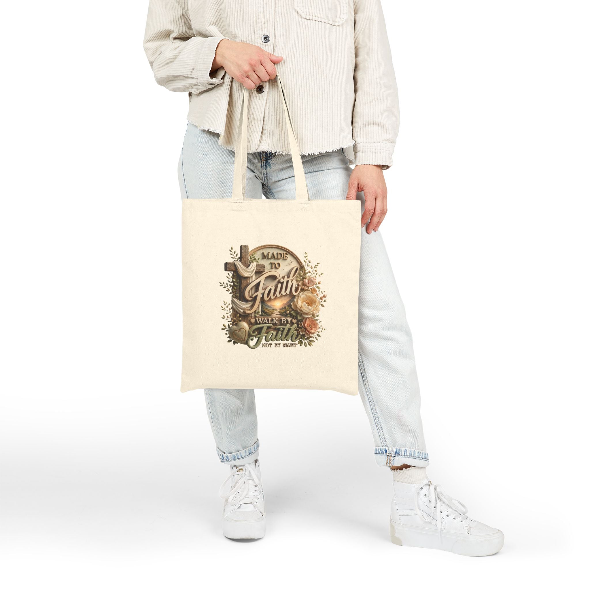Faith Journey Canvas Tote Bag — "Made to Faith, Walk by Faith" Christian Floral Grocery Bag
