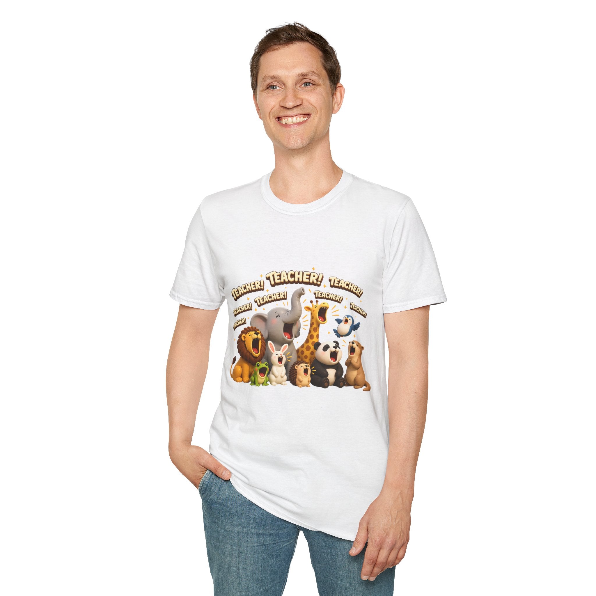 Cute Jungle Animals Saying TEACHER! T-Shirt | Elephant Giraffe Lion Penguin Design