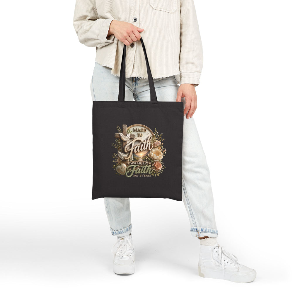Faith Journey Canvas Tote Bag — "Made to Faith, Walk by Faith" Christian Floral Grocery Bag
