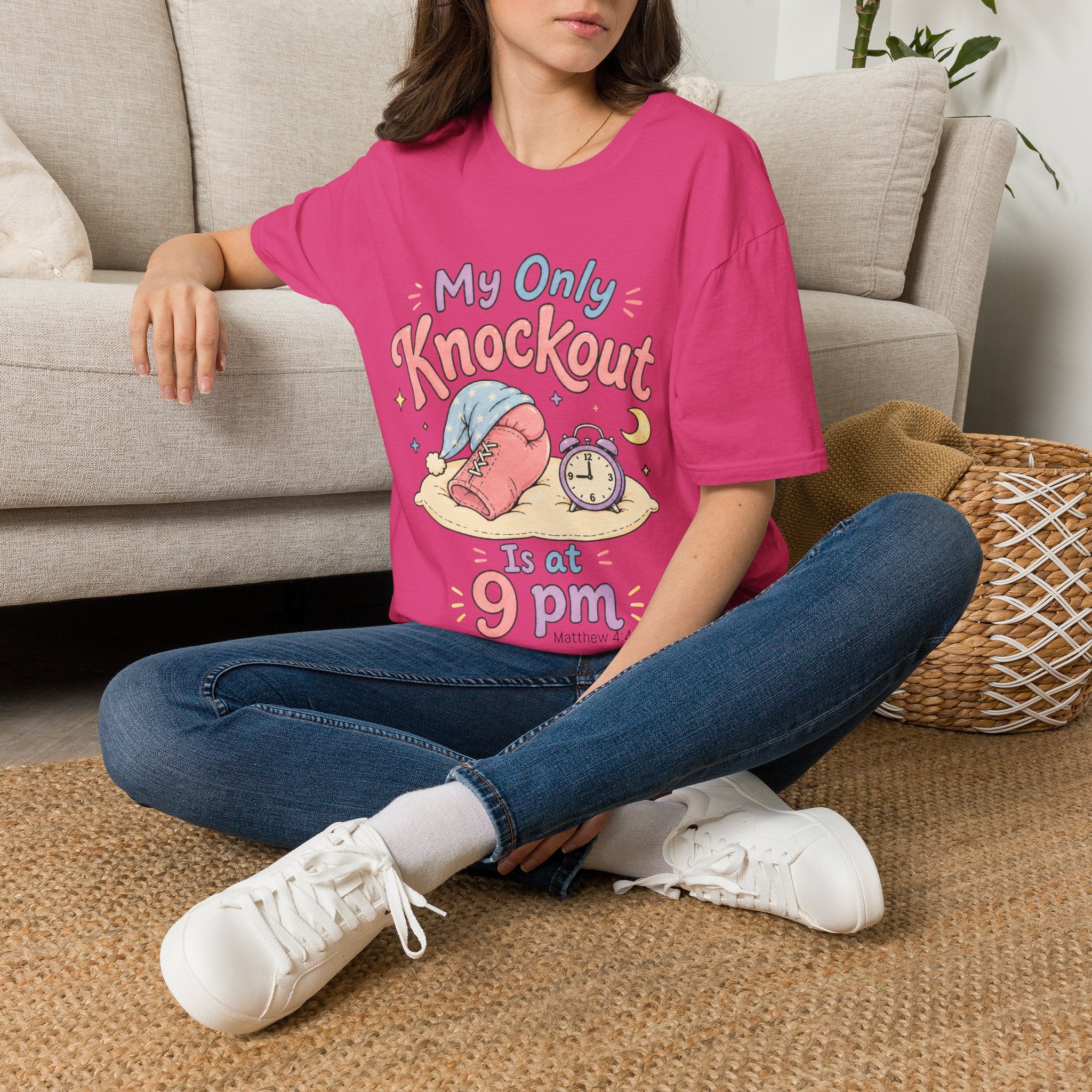 T-Shirt — "My Only Knockout Is at 9 PM" Cute Sleepy Boxing Cartoon Tee 2607021