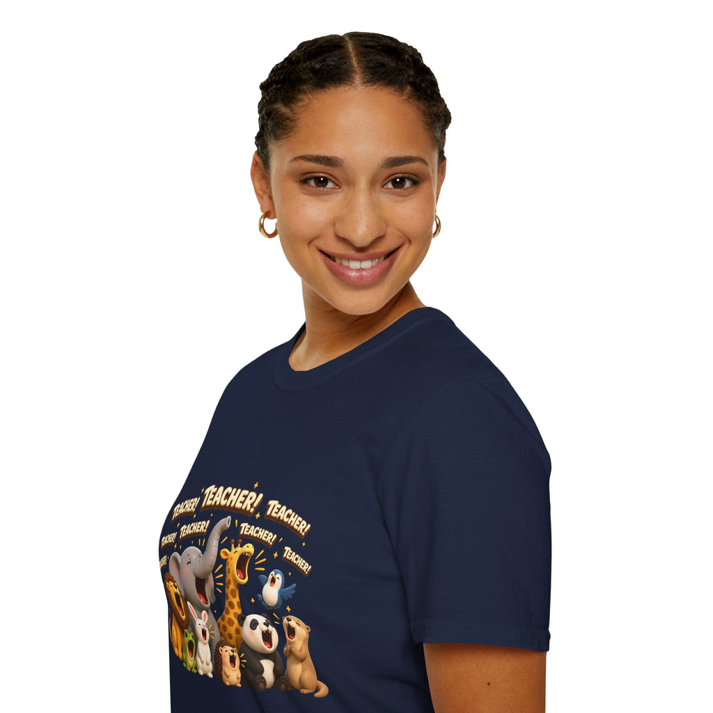Cute Jungle Animals Saying TEACHER! T-Shirt | Elephant Giraffe Lion Penguin Design