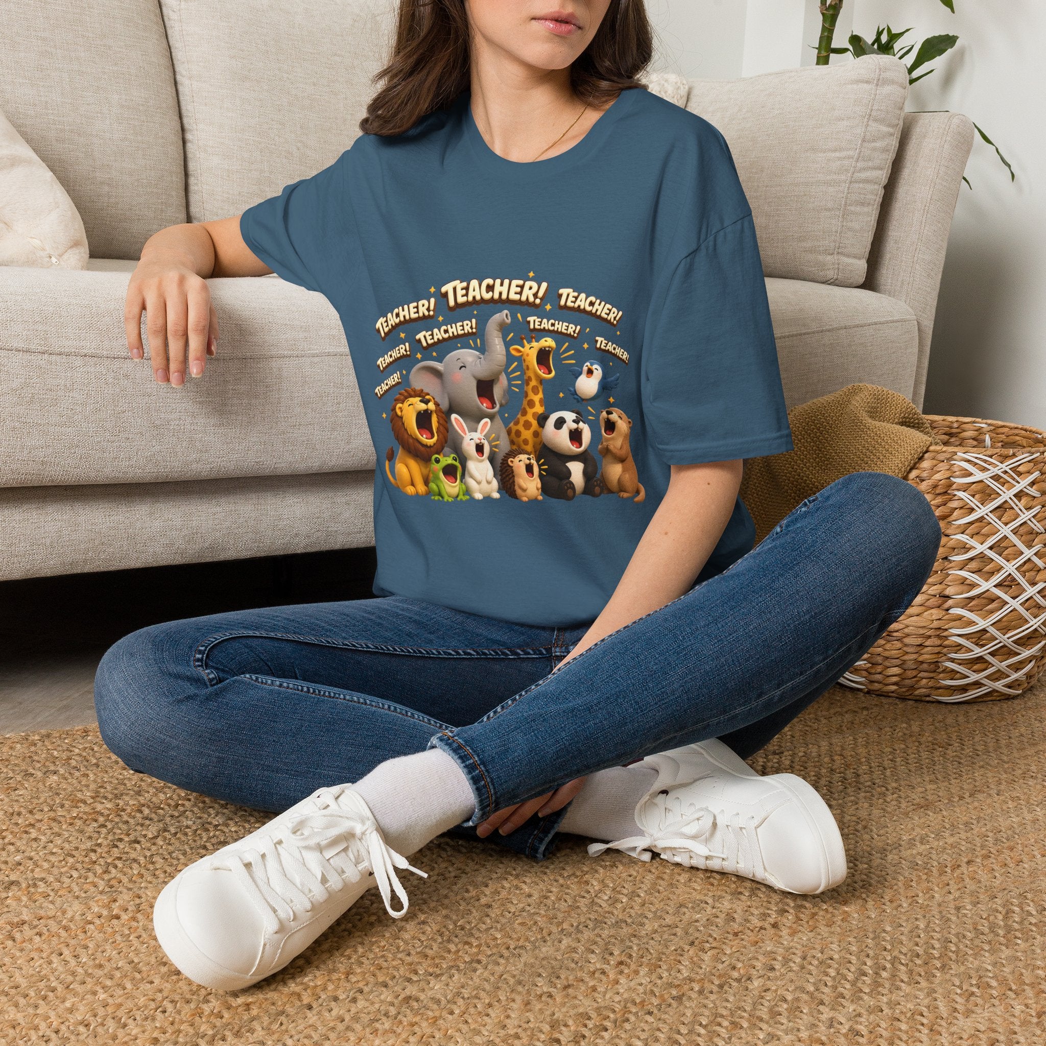 Cute Jungle Animals Saying TEACHER! T-Shirt | Elephant Giraffe Lion Penguin Design