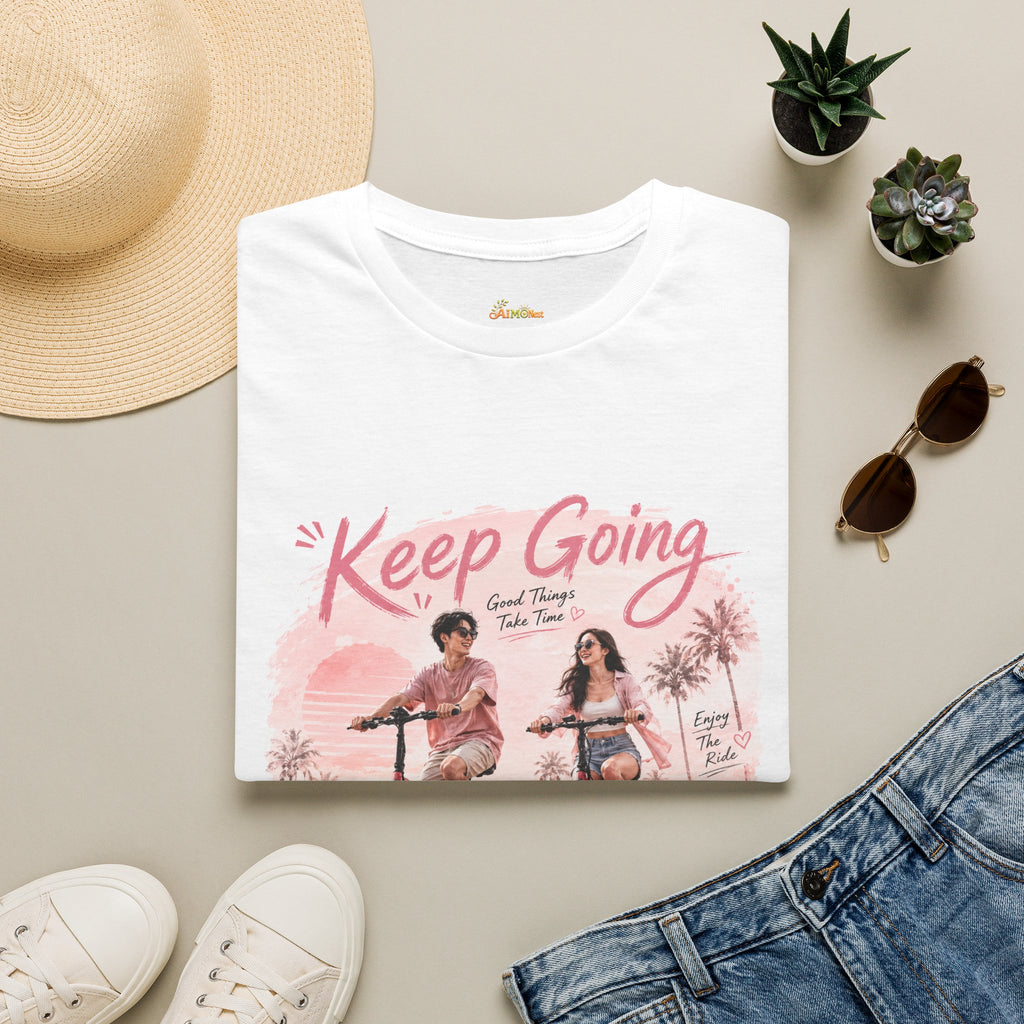 Keep Going motivational design T-Shirt | retro bike couple, pink palm scene
