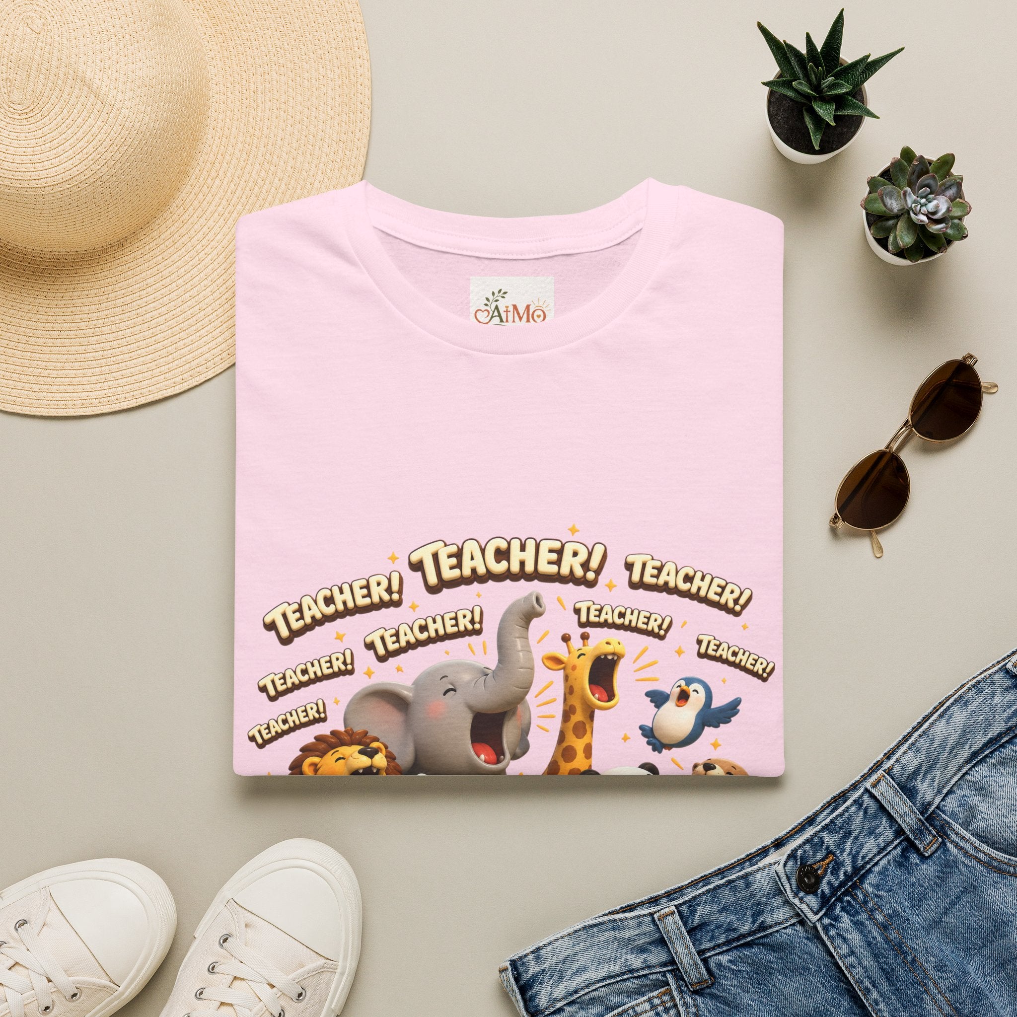 Cute Jungle Animals Saying TEACHER! T-Shirt | Elephant Giraffe Lion Penguin Design