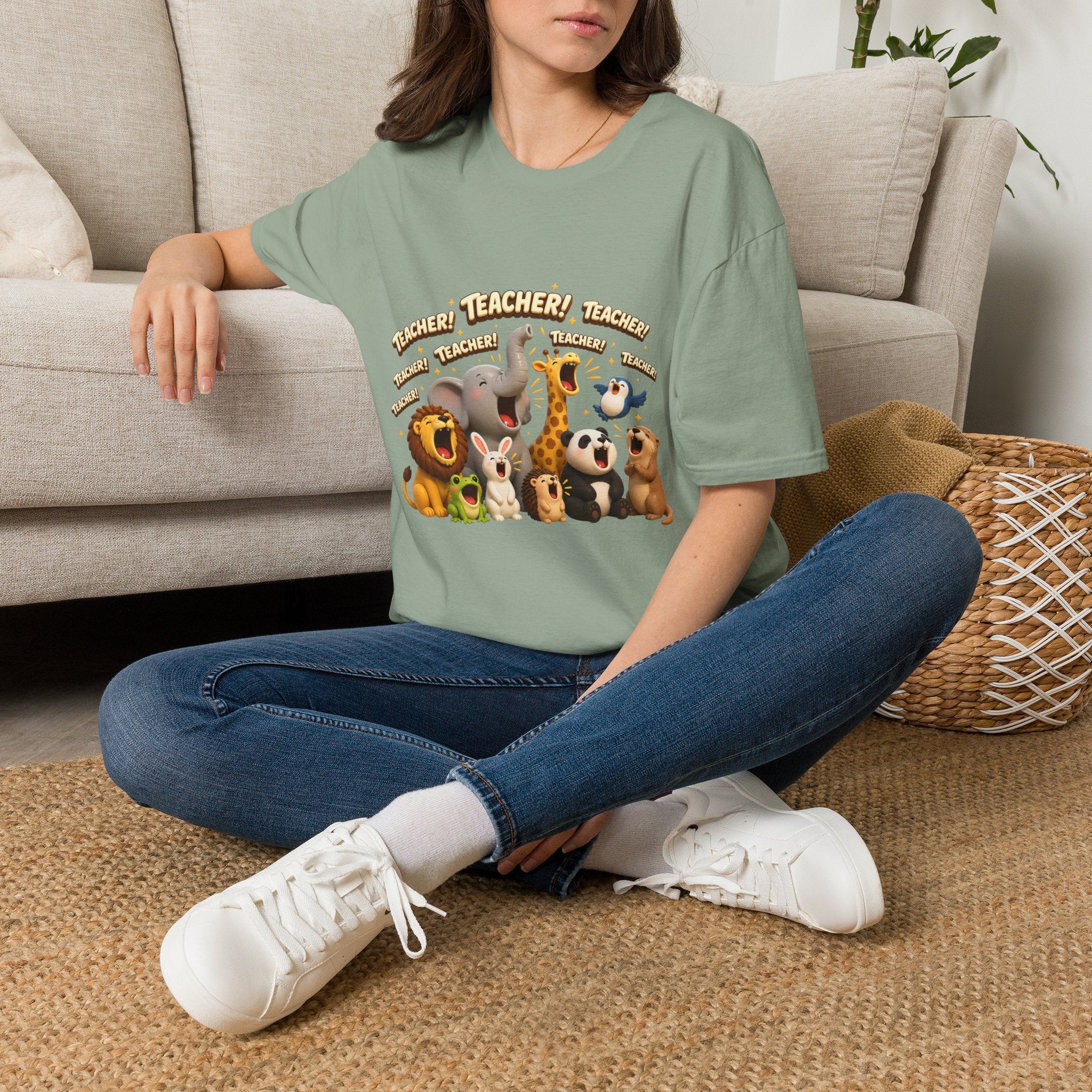 Cute Jungle Animals Saying TEACHER! T-Shirt | Elephant Giraffe Lion Penguin Design
