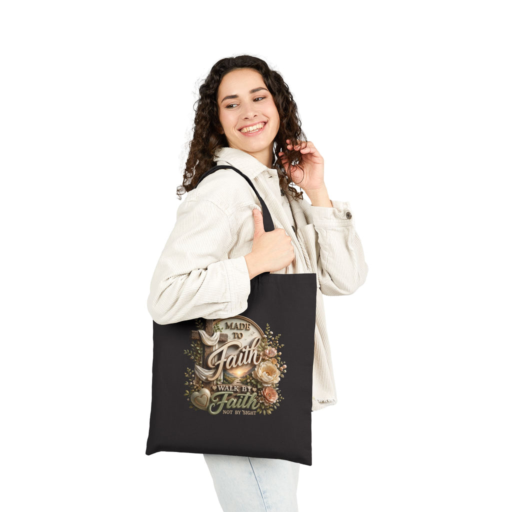 Faith Journey Canvas Tote Bag — "Made to Faith, Walk by Faith" Christian Floral Grocery Bag