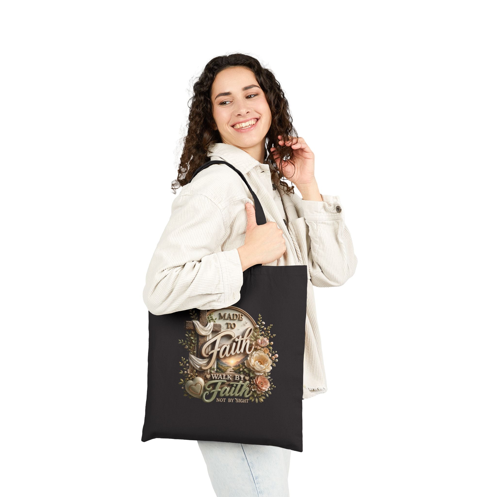 Faith Journey Canvas Tote Bag — "Made to Faith, Walk by Faith" Christian Floral Grocery Bag