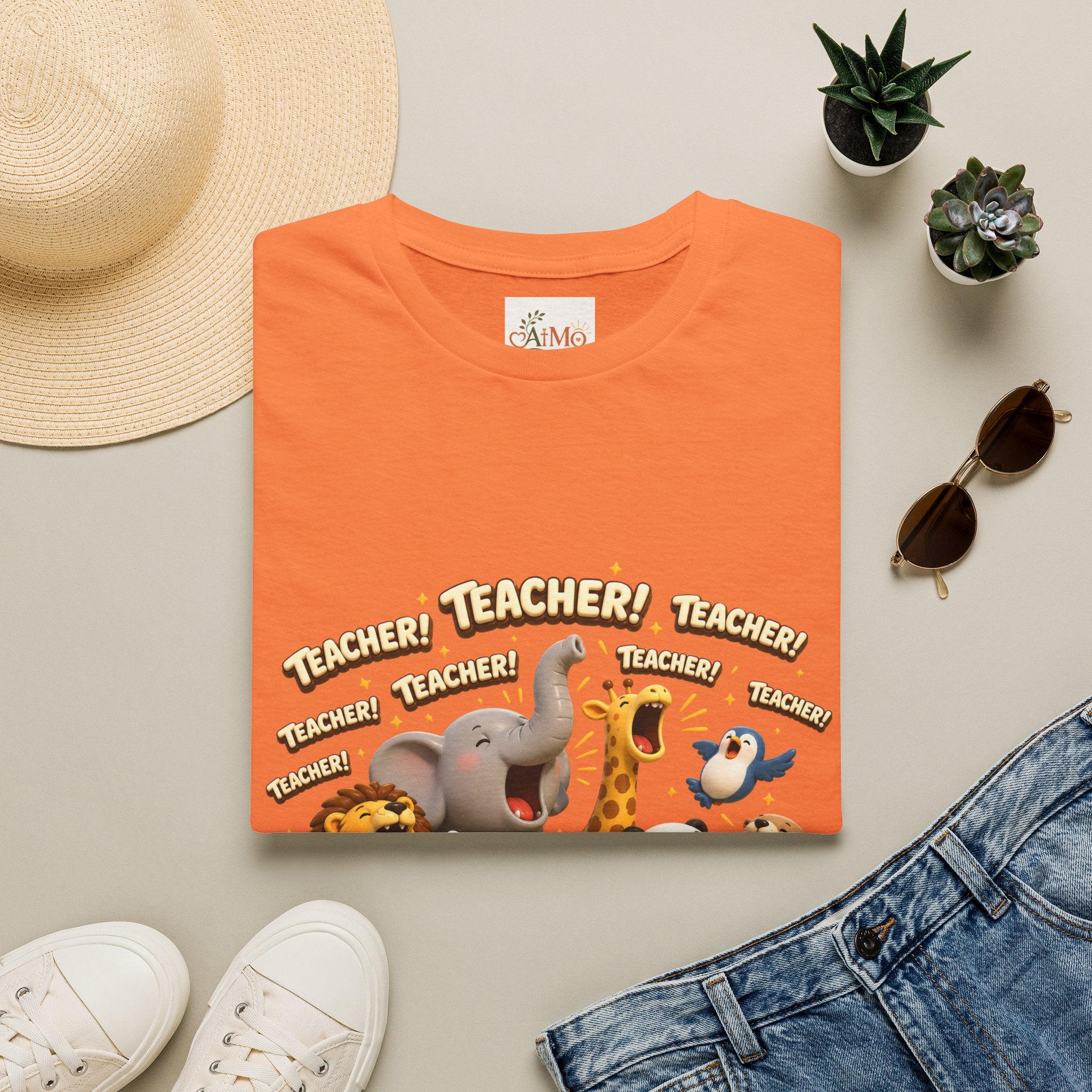 Cute Jungle Animals Saying TEACHER! T-Shirt | Elephant Giraffe Lion Penguin Design