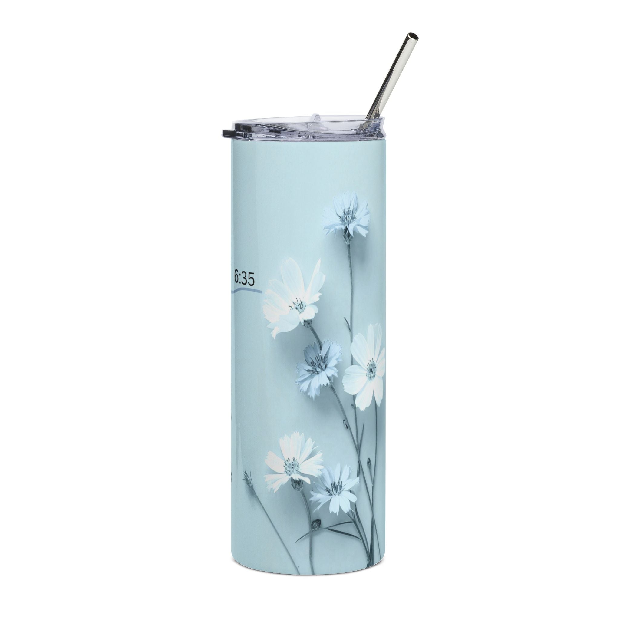 Christian Floral 20oz Stainless Tumbler | Believeth On Me Shall Never Thirst (John 6:35) - Blue 2607049