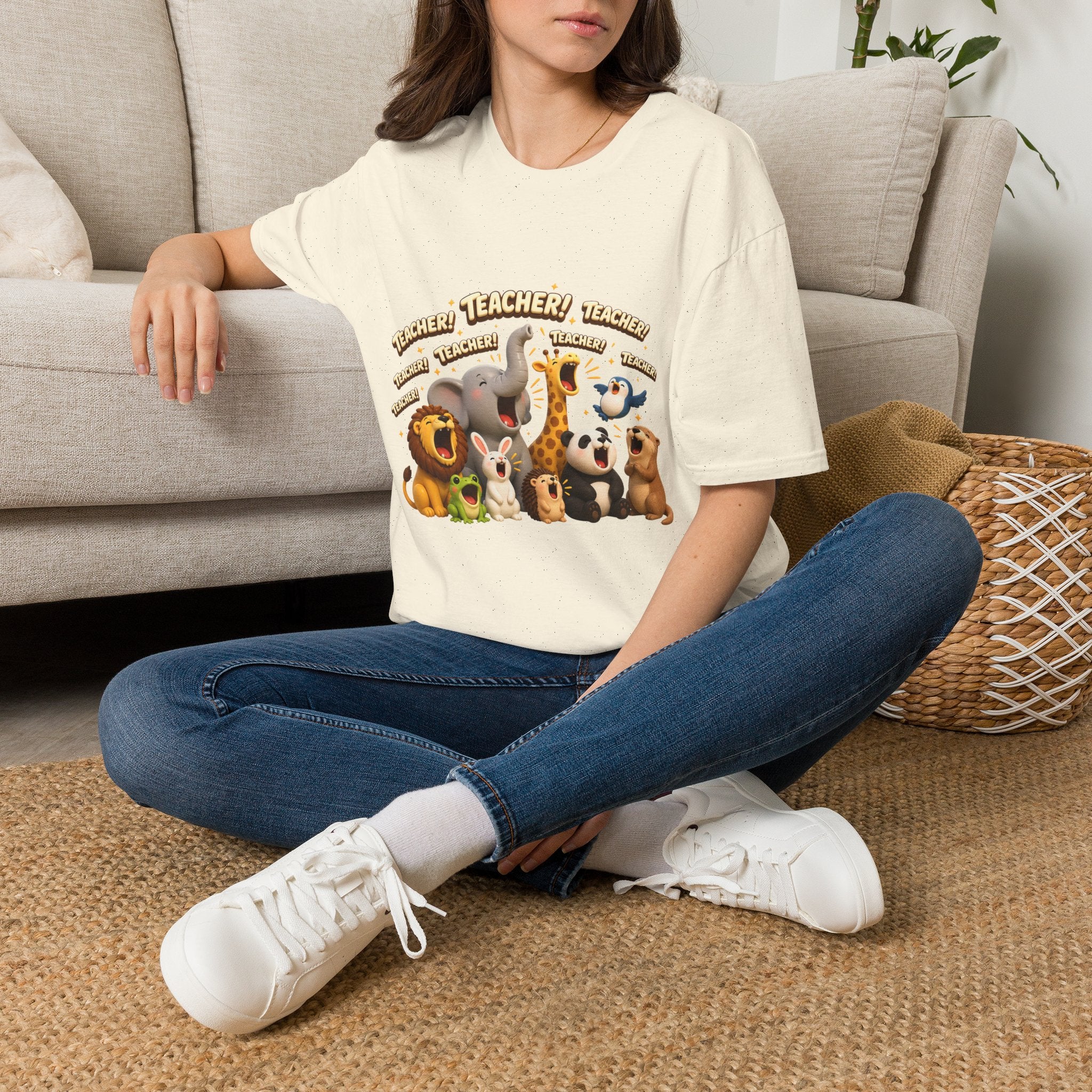 Cute Jungle Animals Saying TEACHER! T-Shirt | Elephant Giraffe Lion Penguin Design