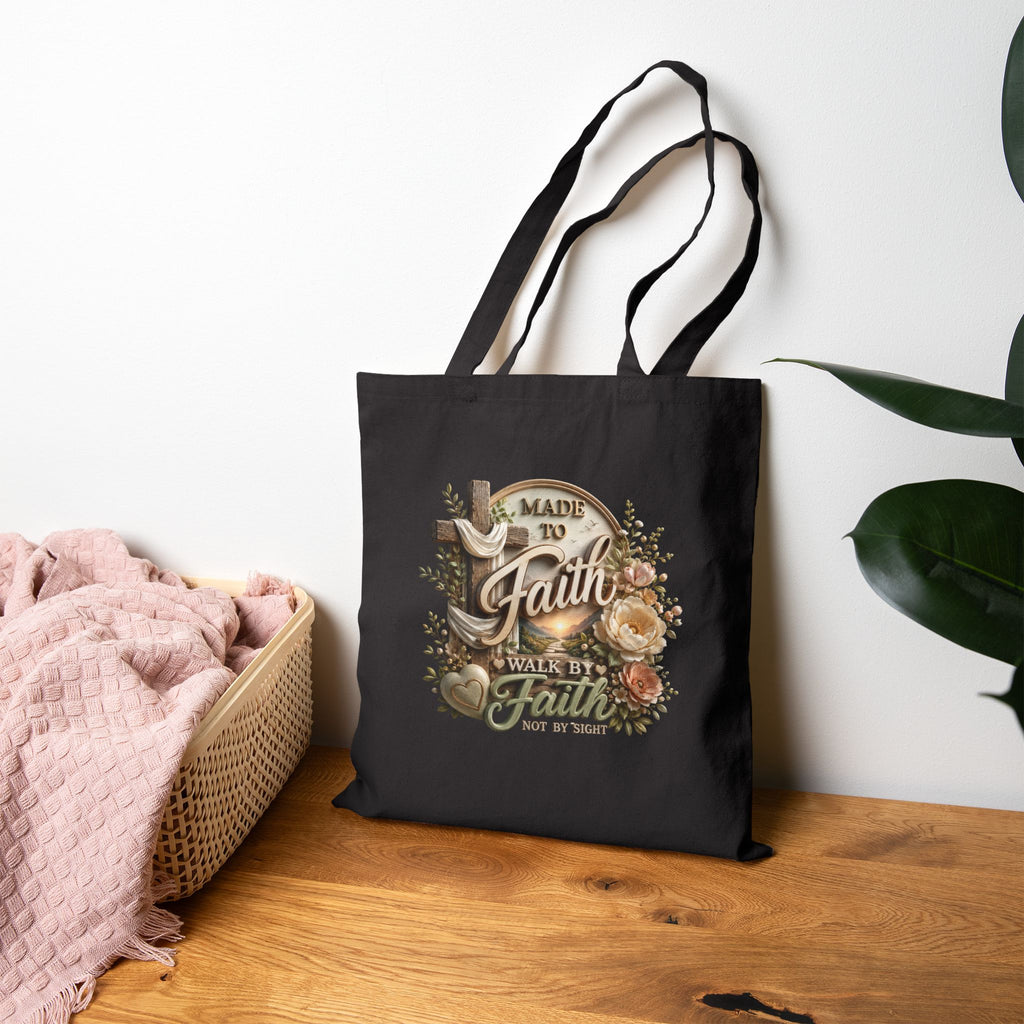 Faith Journey Canvas Tote Bag — "Made to Faith, Walk by Faith" Christian Floral Grocery Bag