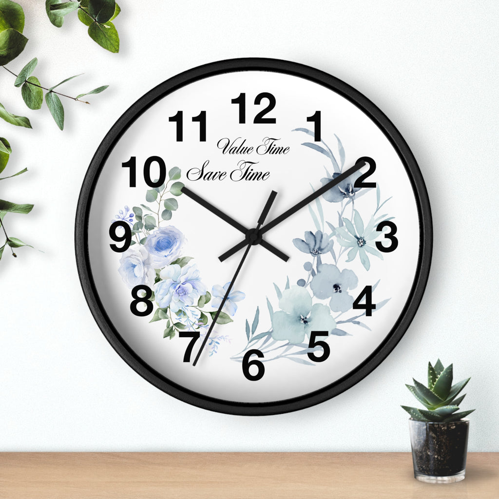 Floral Wall Clock | Value Time Save Time | Elegant Blue Rose Home Decor 2607048