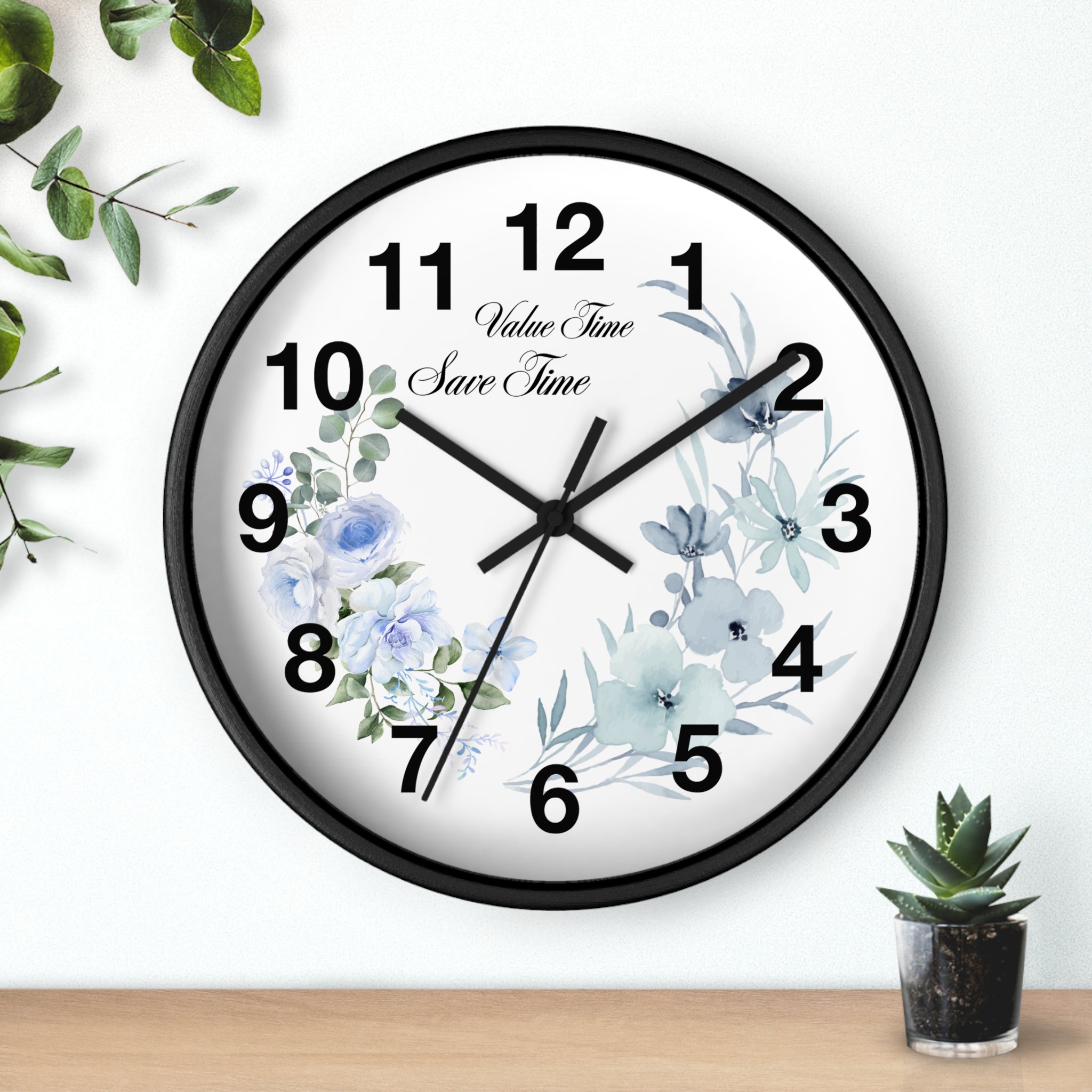Floral Wall Clock | Value Time Save Time | Elegant Blue Rose Home Decor 2607048
