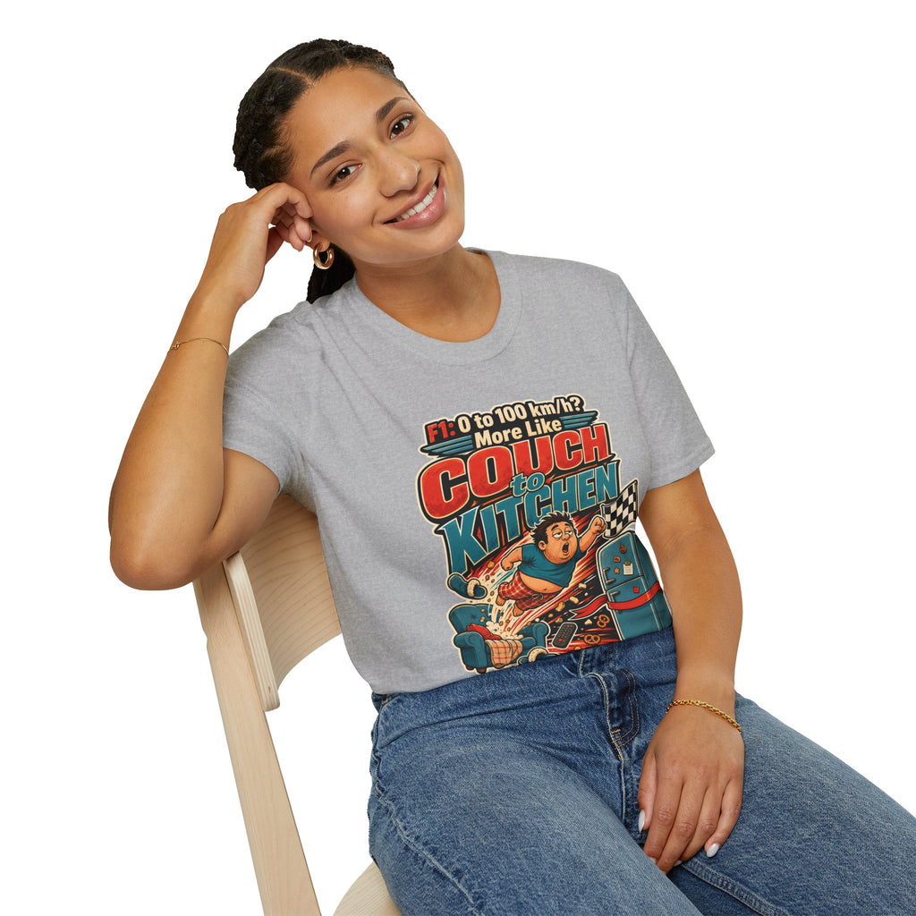 Couch to Kitchen Graphic T-Shirt – Funny F1 0-100 km/h Racing Humor Tee