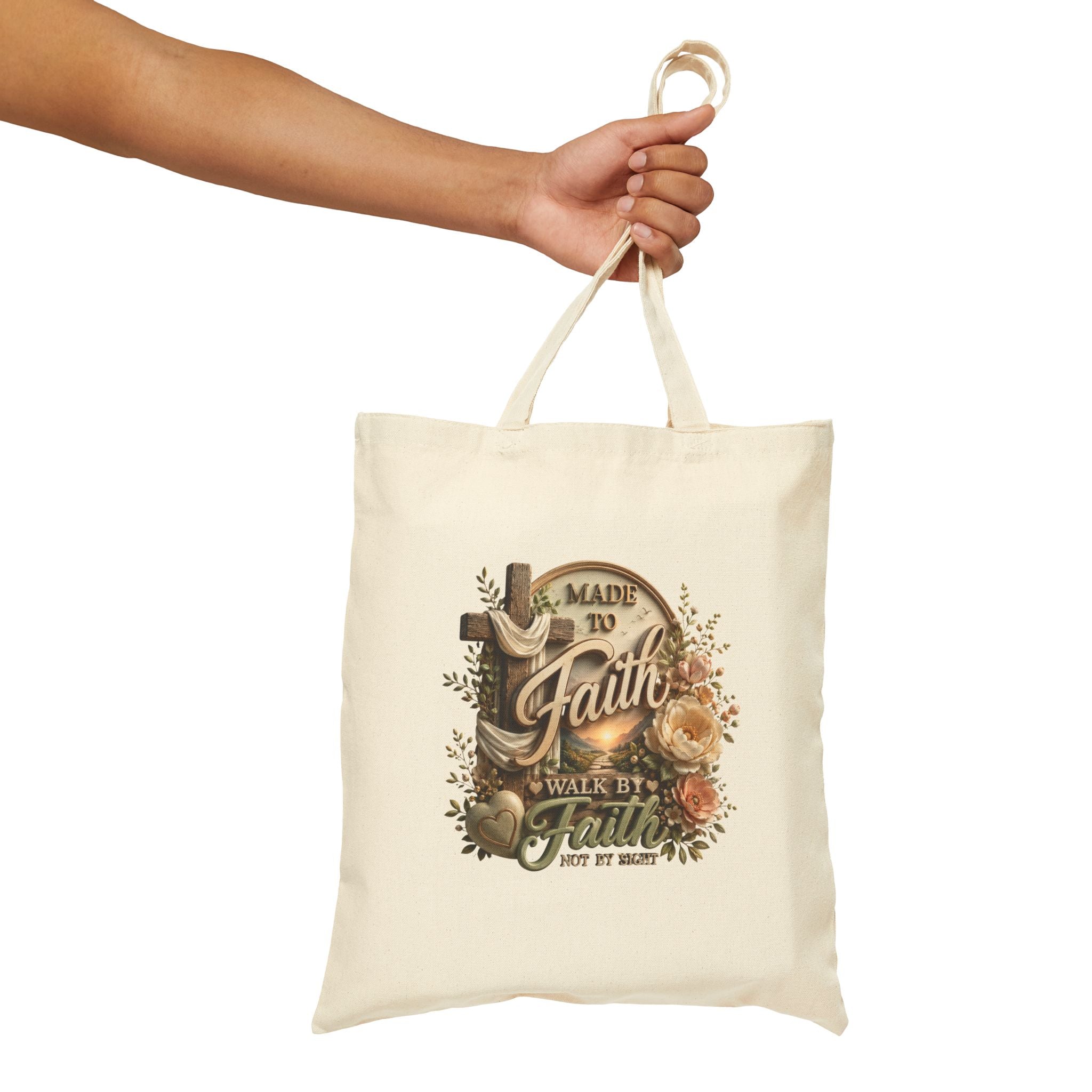 Faith Journey Canvas Tote Bag — "Made to Faith, Walk by Faith" Christian Floral Grocery Bag