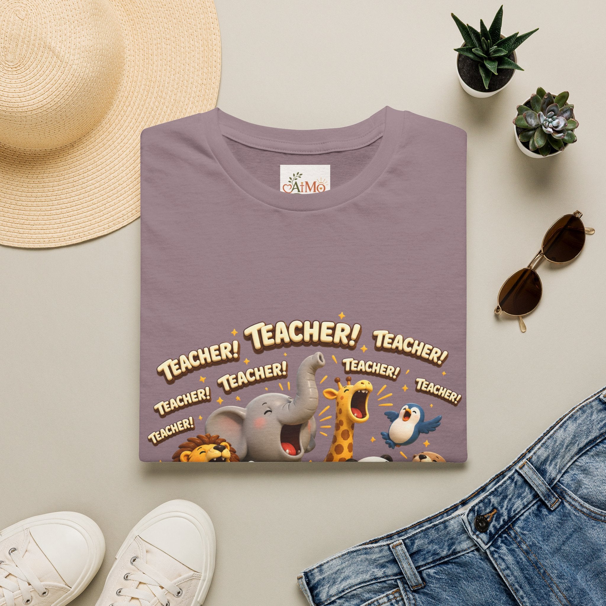 Cute Jungle Animals Saying TEACHER! T-Shirt | Elephant Giraffe Lion Penguin Design