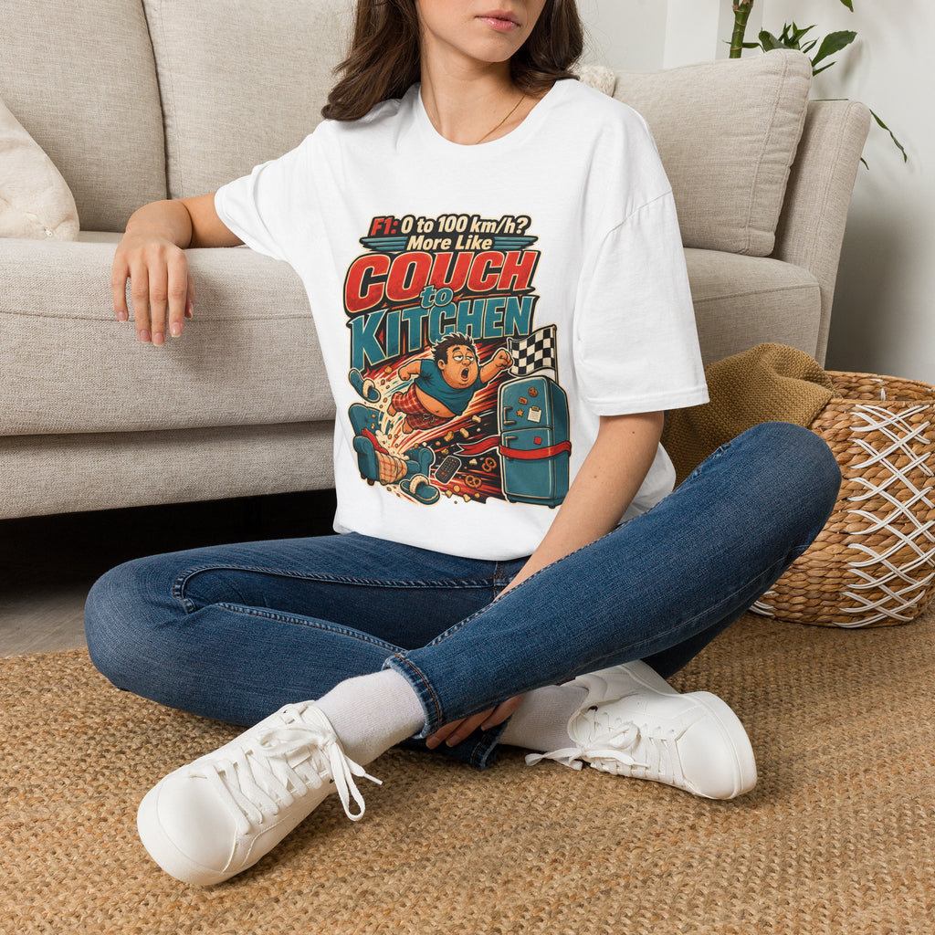 Couch to Kitchen Graphic T-Shirt – Funny F1 0-100 km/h Racing Humor Tee