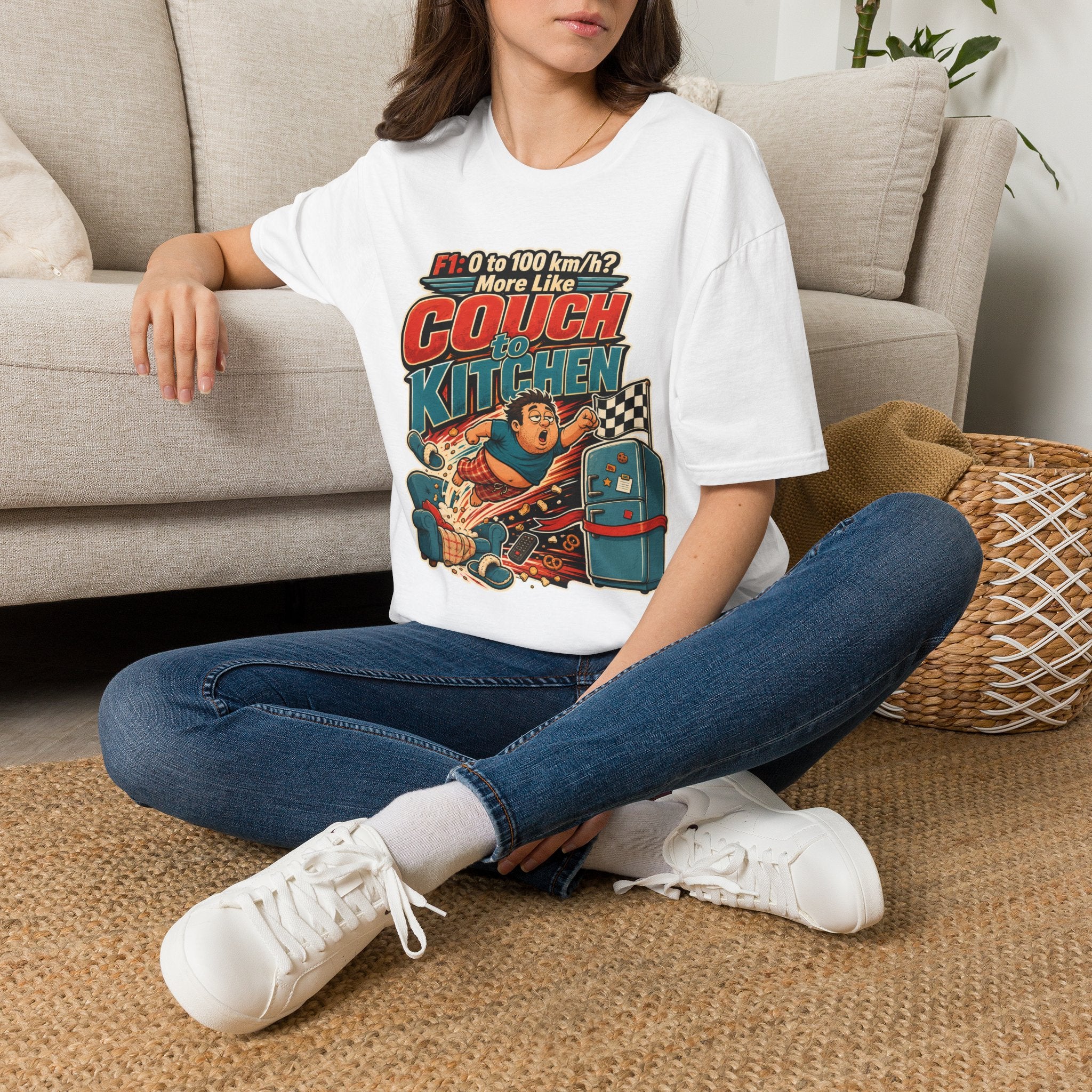 Couch to Kitchen Graphic T-Shirt – Funny F1 0-100 km/h Racing Humor Tee