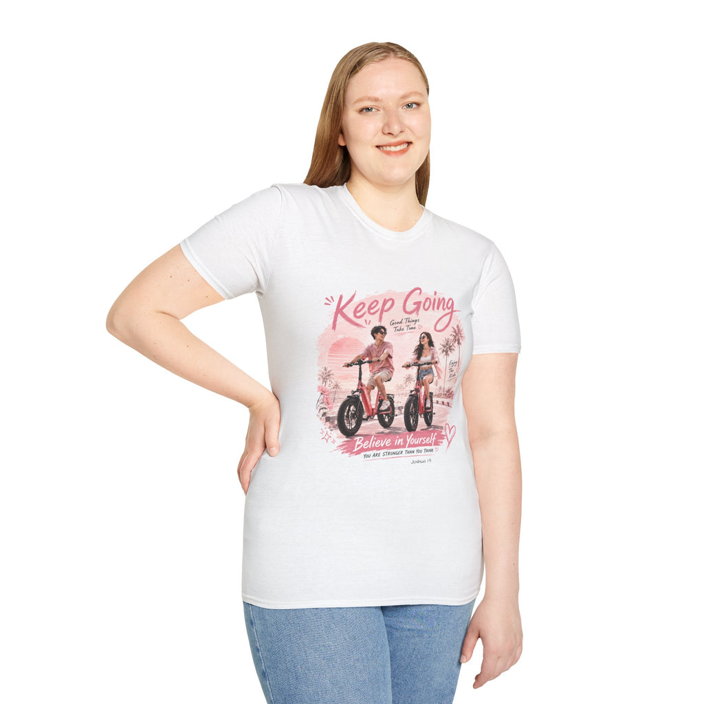 Keep Going motivational design T-Shirt | retro bike couple, pink palm scene