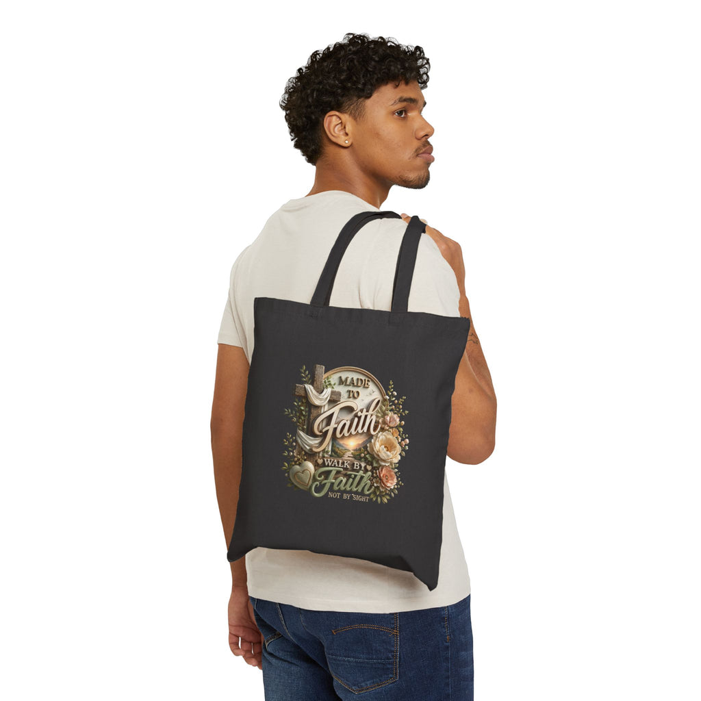 Faith Journey Canvas Tote Bag — "Made to Faith, Walk by Faith" Christian Floral Grocery Bag