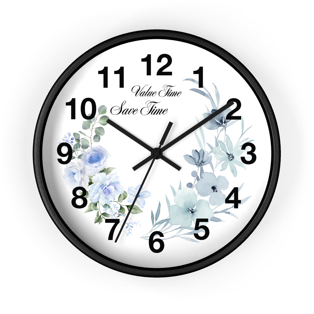 Floral Wall Clock | Value Time Save Time | Elegant Blue Rose Home Decor 2607048