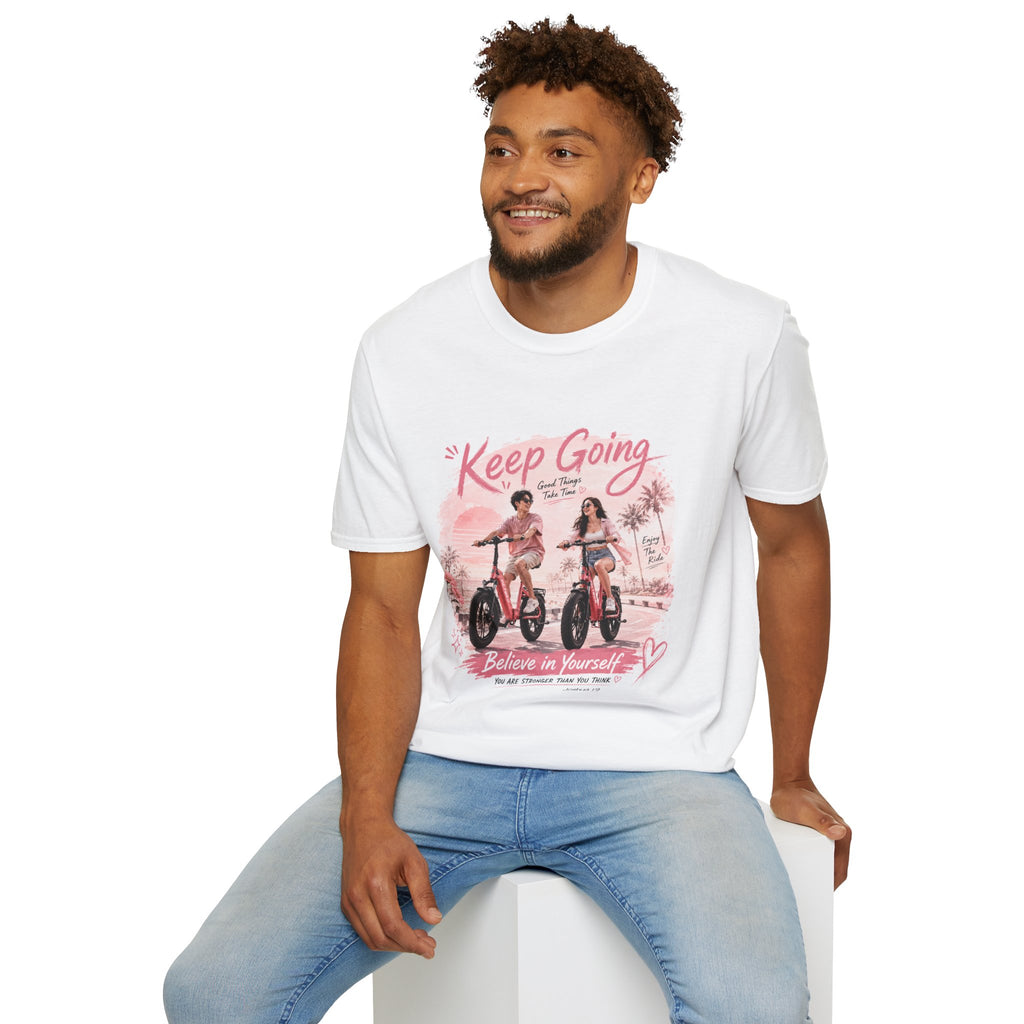 Keep Going motivational design T-Shirt | retro bike couple, pink palm scene