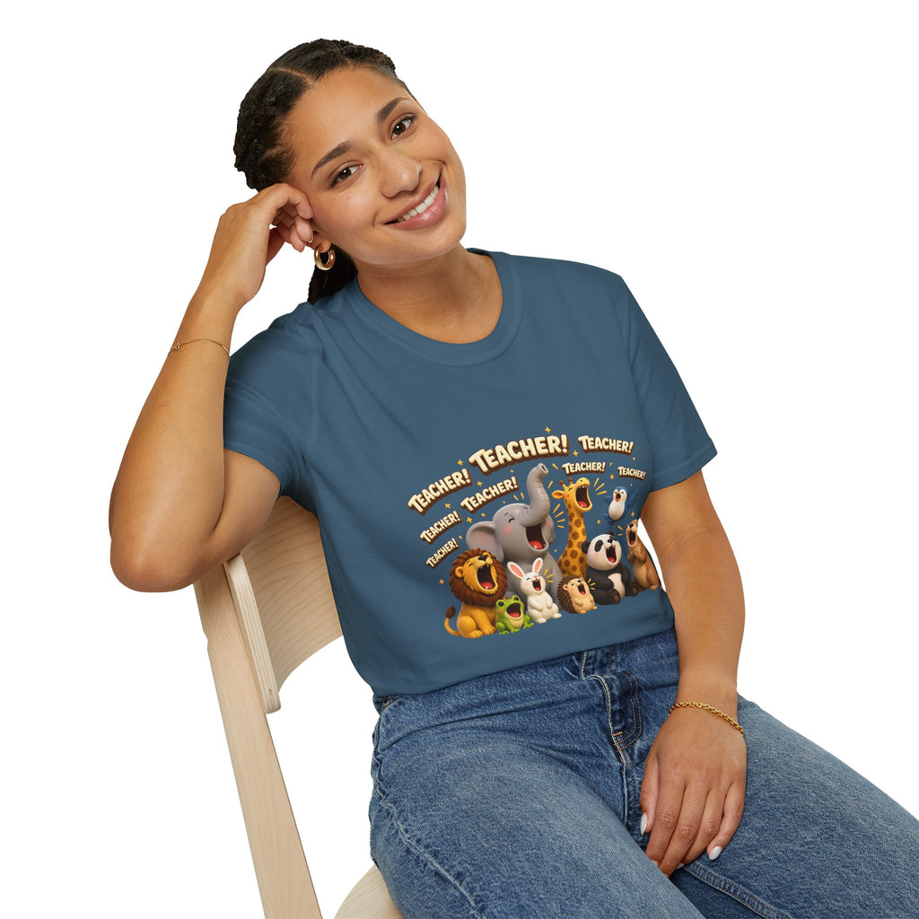 Cute Jungle Animals Saying TEACHER! T-Shirt | Elephant Giraffe Lion Penguin Design