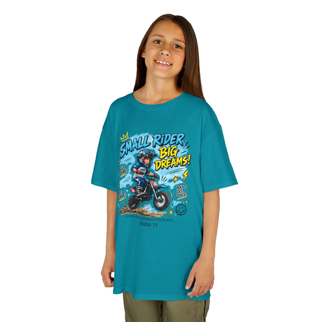 Kids Tee — "Small Rider, Big Dreams" Motorcycle Graphic Shirt