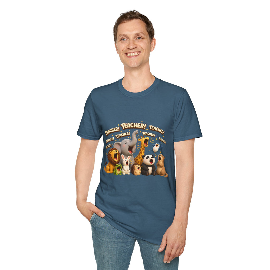 Cute Jungle Animals Saying TEACHER! T-Shirt | Elephant Giraffe Lion Penguin Design
