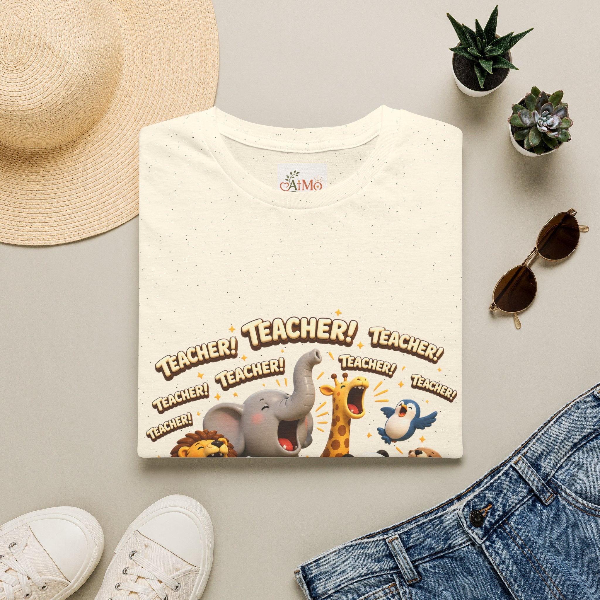 Cute Jungle Animals Saying TEACHER! T-Shirt | Elephant Giraffe Lion Penguin Design
