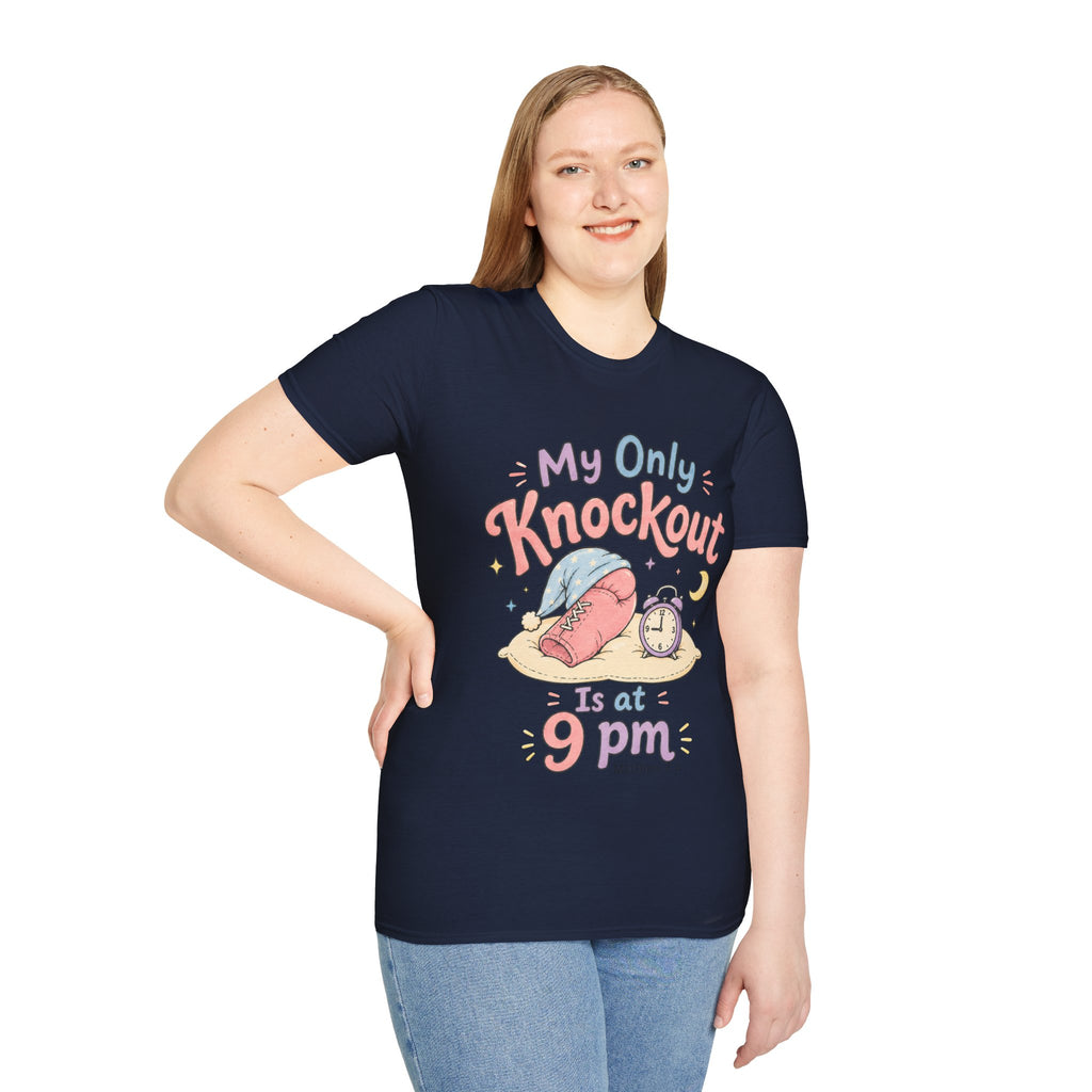 T-Shirt — "My Only Knockout Is at 9 PM" Cute Sleepy Boxing Cartoon Tee